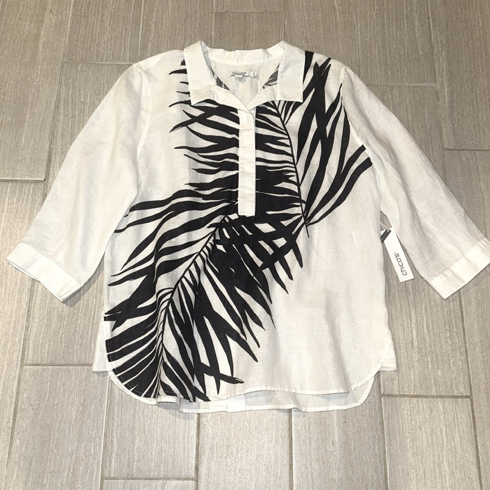 Chico's Linen Palm Print Tunic Button Back Blouse Tropical Cruise Vacation Top